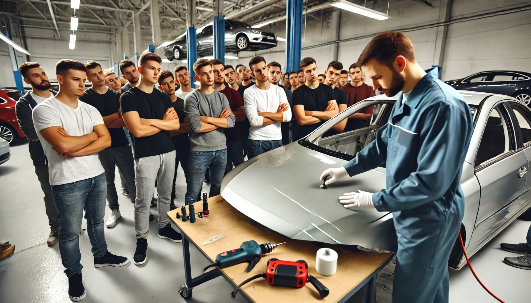 DALL·E 2025-02-03 12.30.13 – A group of students in a modern workshop attentively following a hands-on lesson on Paintless Dent Repair (PDR). An instructor is demonstrating a tech
